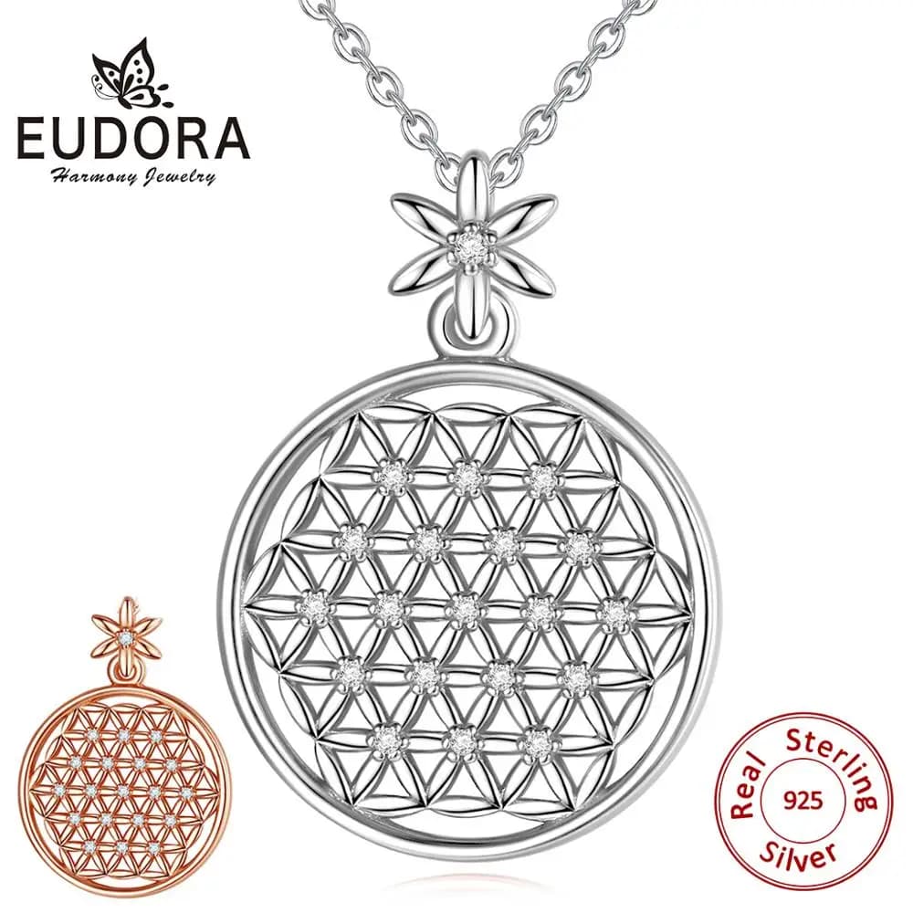EUDORA 925 Sterling Silver Rose Gold/Silver Flower Color Pendant Necklace with Cz Life Seeds Jewelry Necklace D419
