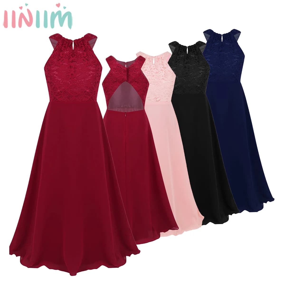 Iiniim Kids Girls Vestido de festa abito in Chiffon abito floreale in pizzo con intaglio sul retro abito da ragazza elegante abito da principessa estivo