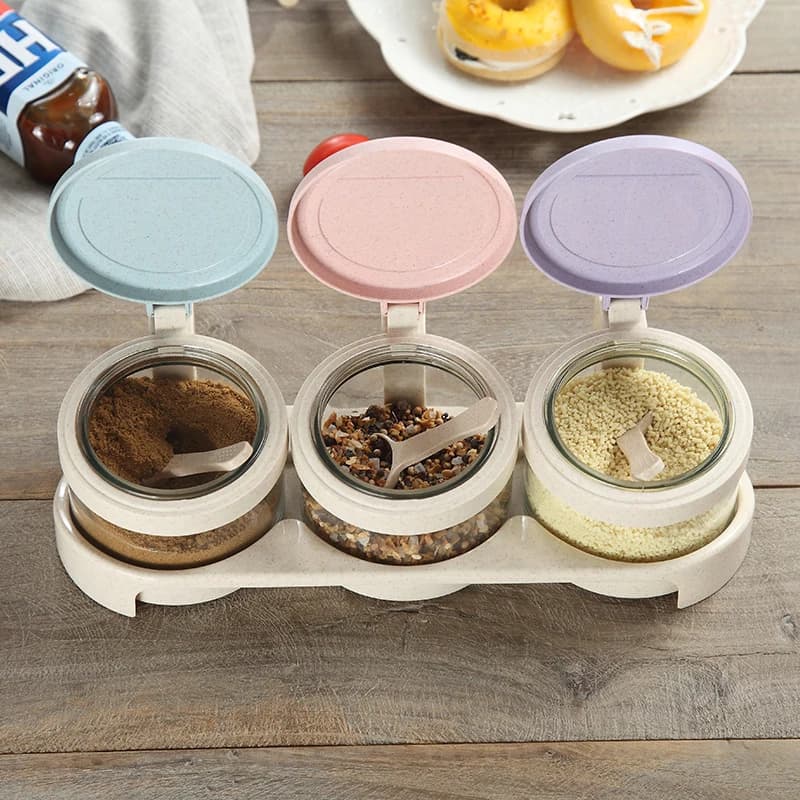 Set di scatole per condimenti in vetro per uso domestico Scatola per condimenti per spezie Lucency Seasoner Fruleti con base in paglia di grano Utensili da cucina 1 set