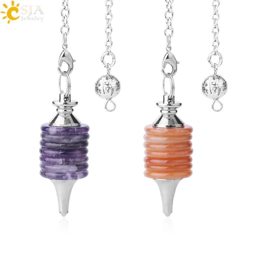 CSJA Natural Stones pendolo per rabdomanzia divinazione lastra rotonda guarigione cristallo viola occhio di tigre ciondoli cilindrici amuleto F907