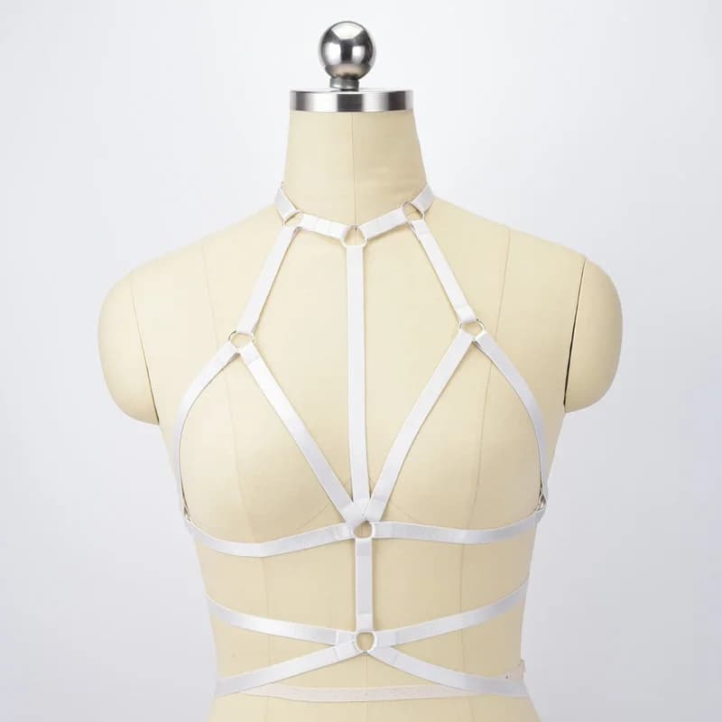 Imbracatura in poliestere bianco Sexy Crop Top Lingerie Bondage Harness 90's Open Chest Cage Bra Harajuku Style giarrettiere da sposa O0555
