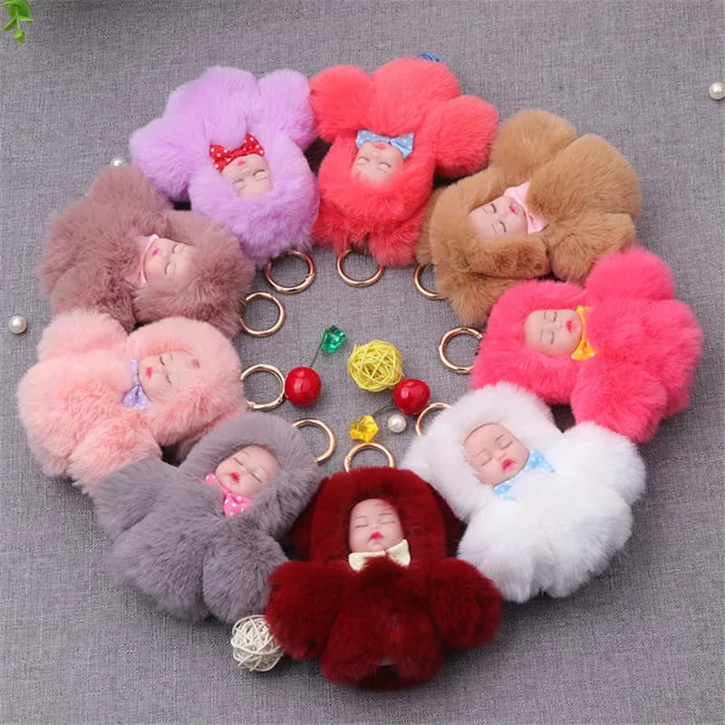 Fluffy Rabbit Fur Sleeping Baby Toy Keychain Women Cute Girls Pompon Doll Keychain On Bag Trinket Party Children's Toys Gifts