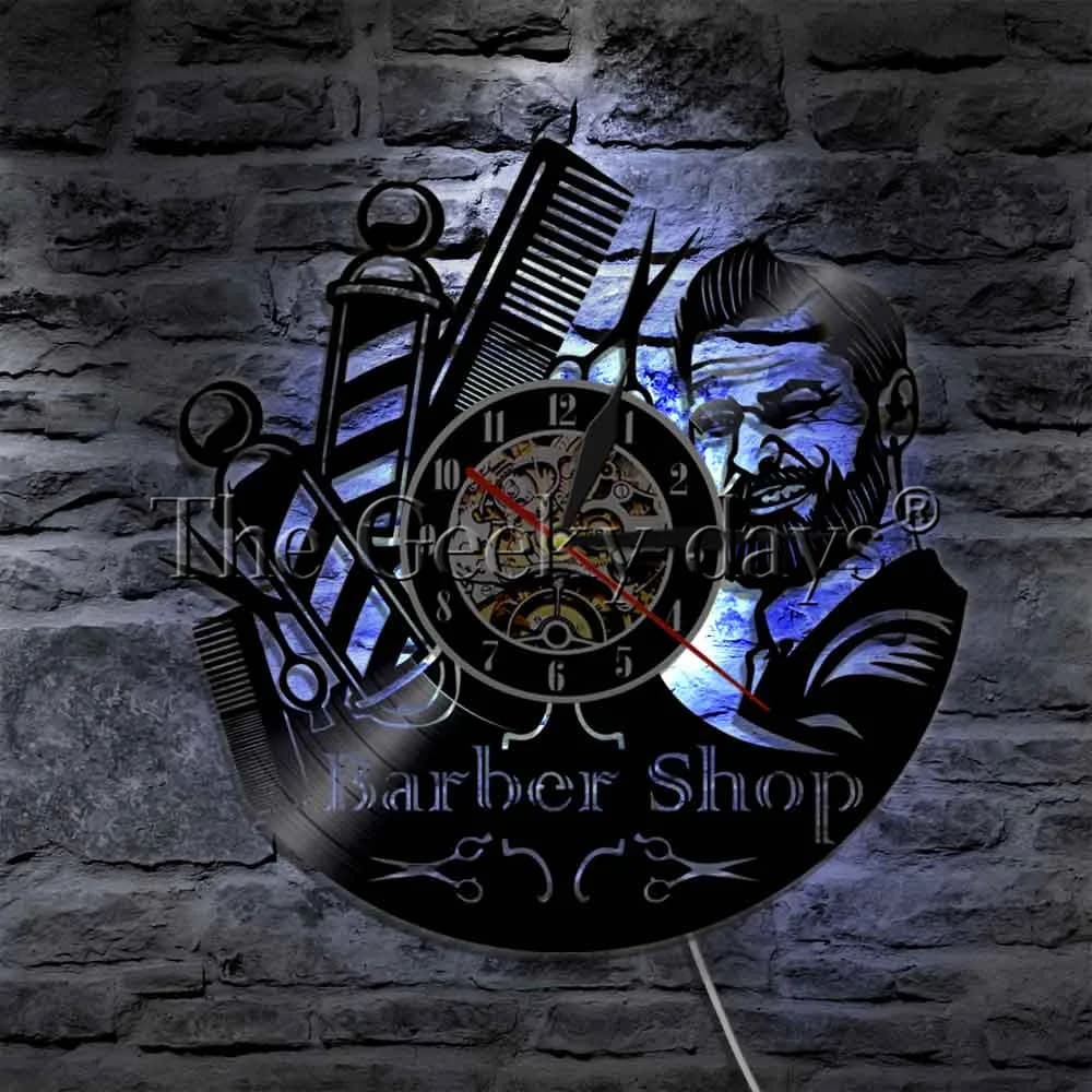 Wall clock with sign of barber shop hanging lamp LED wall clock with vinyl recorder hair wig tools decorative lighting