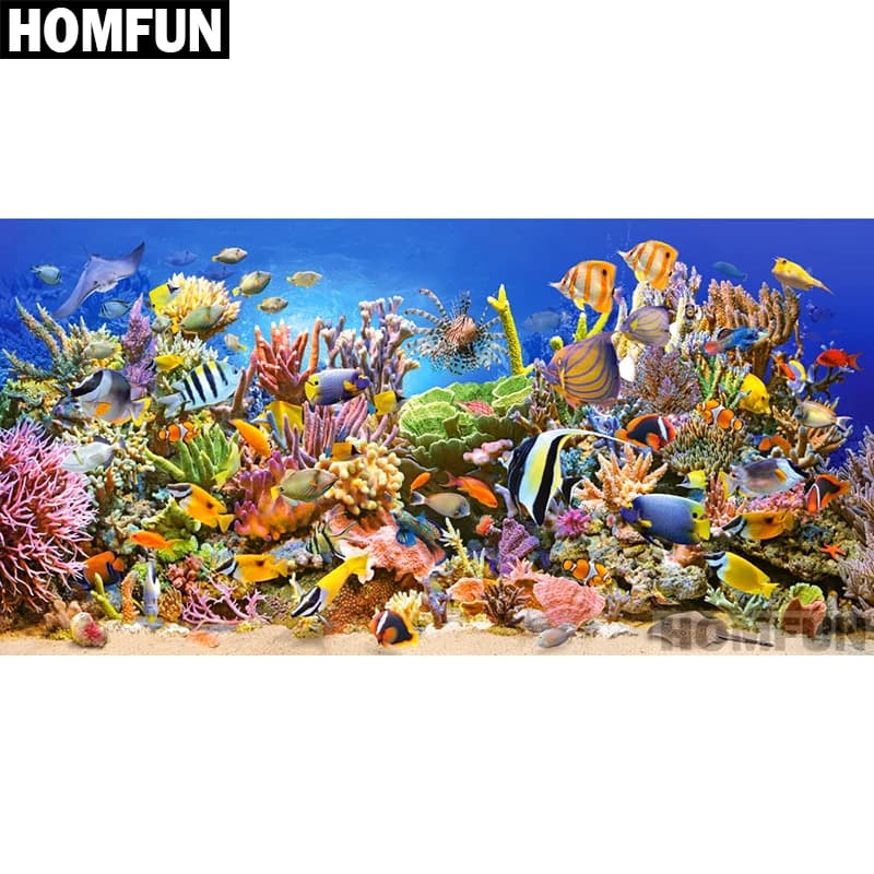 HOMFUN Pieno Quadrato/Rotondo Trapano 5D Pittura Diamante FAI DA TE "Pesce corallo marino" 3D Ricamo Punto Croce 5D Complementi Arredo Casa Regalo A01119