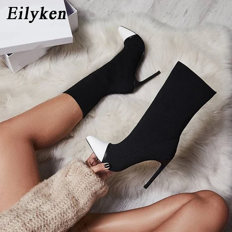 Eilyken Short Boots in Stretch Fabric Woman Pointed Toe High Heels Slip On Sexy Sock Zapatillas Mujer