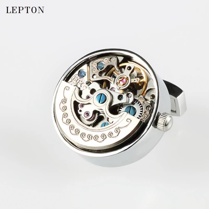 Gemelli con movimento dell'orologio funzionale di lusso discreto Gemelli con meccanismo dell'orologio Steampunk in acciaio inossidabile Lepton per uomo