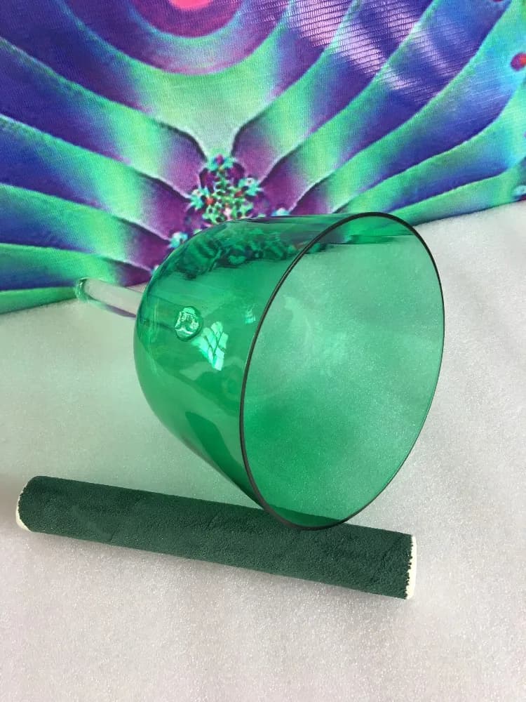 Green color crystal singing bowl with handle perfect pitch 4th octave F note Heart chakra or F# Thymus chakra or other any color