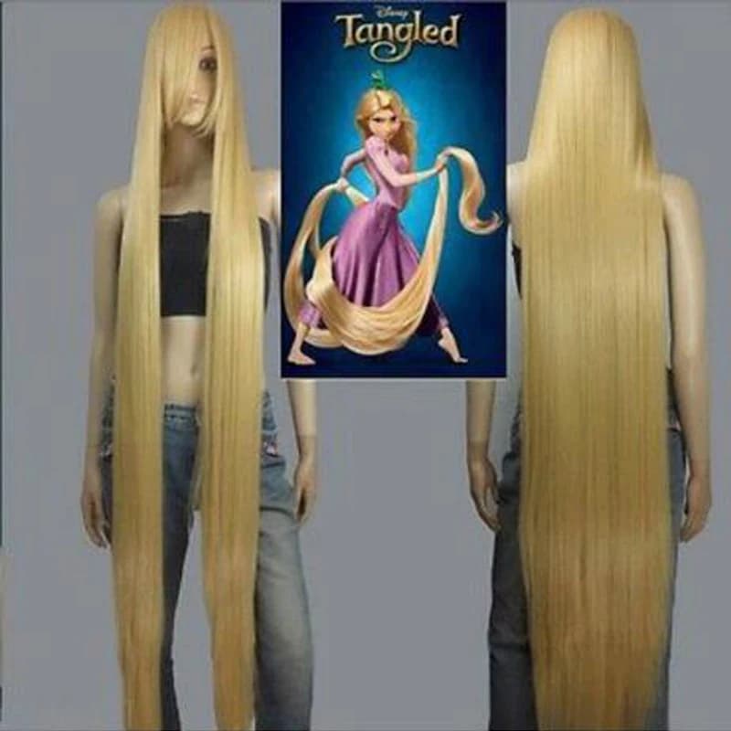 Parrucche cosplay per capelli sintetici lunghi lisci dorati da 150 cm del film Rapunzel + cappuccio per parrucca