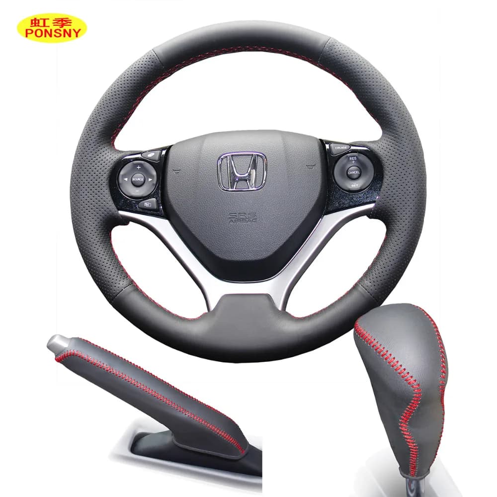 PONSNY Ingranaggi Auto/Freno A Mano/Steering Vera Pelle Cover Case for HONDA CIVIC 9 GIADA 2012-2016 Auto cucito A mano Copertura