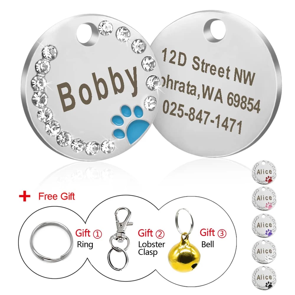 Dog Tag Id Personalizzato Inciso di Cristallo Metallo Pet Tag Piccola Grande Strass Accessori Del Collare di Cane Personalizzati Nome Tag Piastra