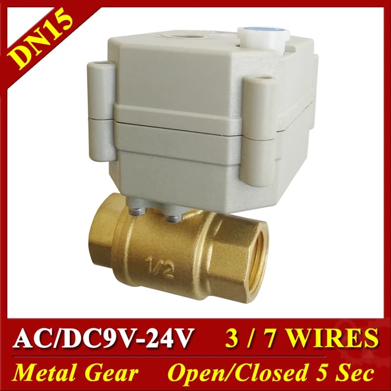 Valvola elettrica in ottone da 1/2 ''AC DC 9V 12V 24V 2 vie DN15 Valvola a sfera elettrica 3/7 fili Valvole motorizzate Ingranaggio in metallo On/off 5 Sec
