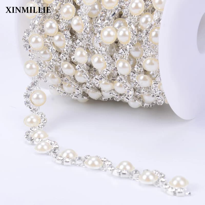 1 Yard perla strass placcatura argento metallo catena di fiori cristallo cucito vestiti fai da te cintura scarpe borse accessori per abbigliamento