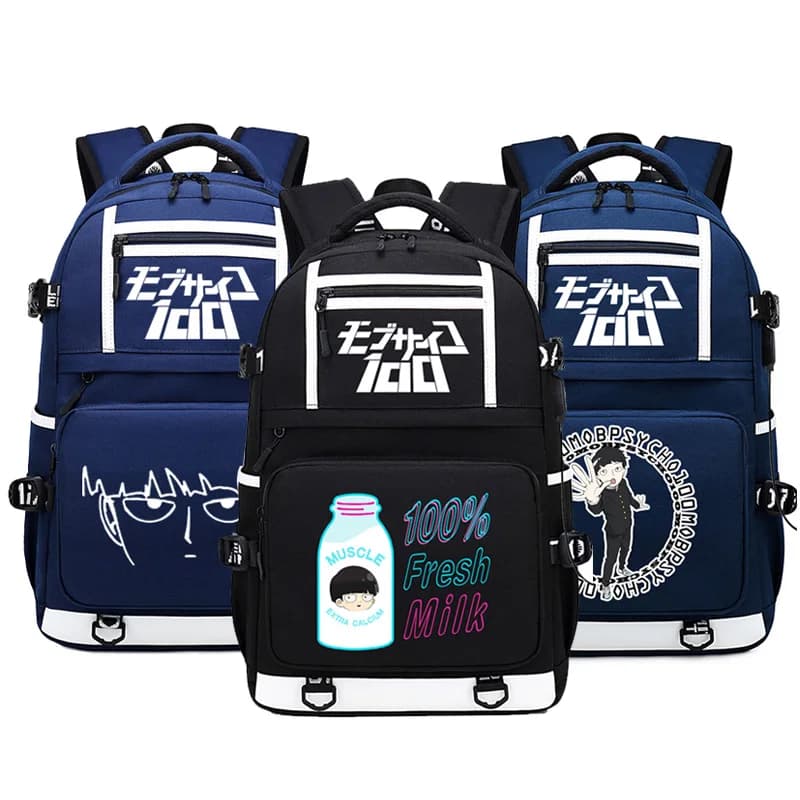 Mob Psycho 100 Zaini Anime per adolescenti Zaino per laptop con ricarica USB Borse da scuola Zaino in tela Zaino da viaggio per donna grande