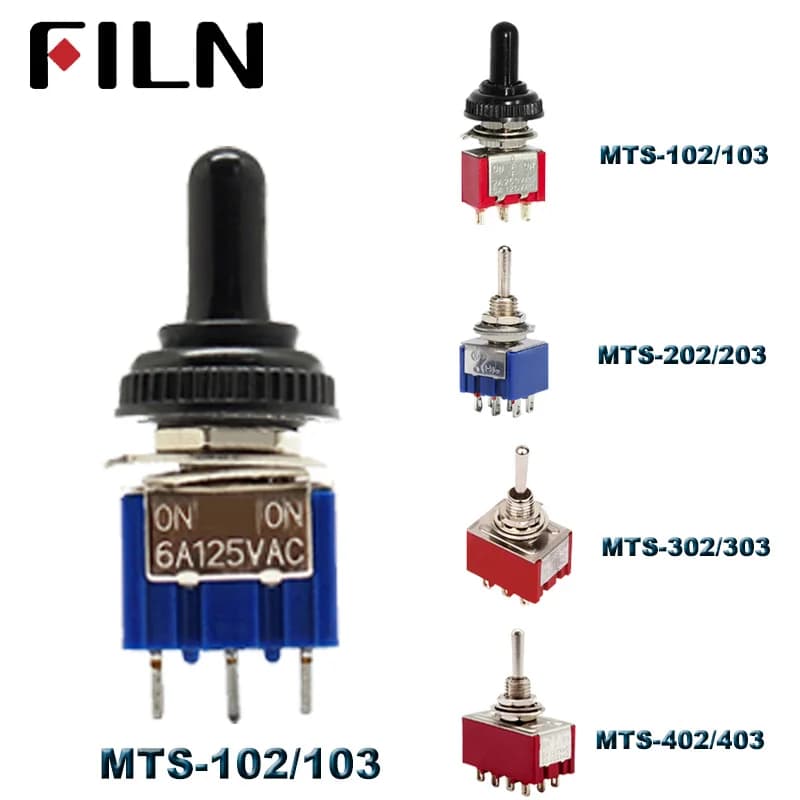 6A 120VAC mini 2 positions ON ON MTS-102 MTS-202 Leverage switch 3 positions MTS-103 MTS-203 ON OFF ON Waterproof hood switch