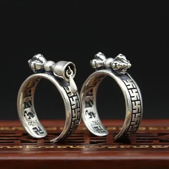 100% 925 Silver Tibetan OM Mani Padme Hum Ring Vintage Pure Silver Tibetan Dorje Bell Ring Buddhist Vajra Symbol GOOD Luck