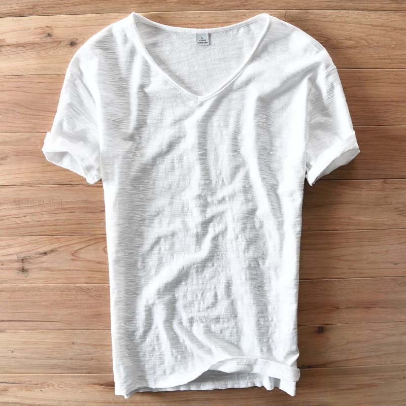 T-shirt da uomo con scollo a V a maniche corte in cotone 100% T-shirt da uomo bianca tinta unita estiva comoda e traspirante T-shirt morbida da uomo Camiseta