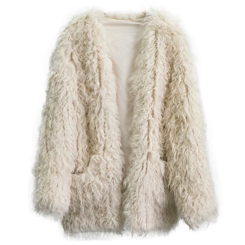 Donne Lungo Cappotto di Pelliccia di Pecora di inverno outwear moda femminile tasca della giacca caldo inverno freddo meteo nuovo arriva agnello pelliccia lavorato a maglia cappotto