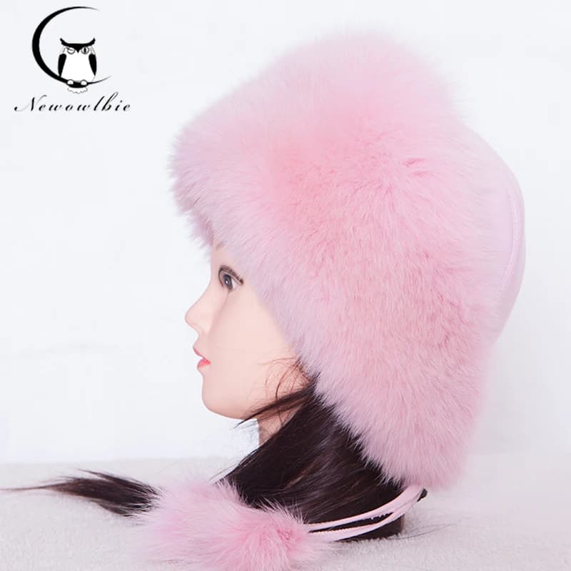 Winter Cap Women Luxury Warm Fur Hat Ear cap Real Fox Fur Hats Women's Beret Whole Fur Hats Necessary Hat Pink