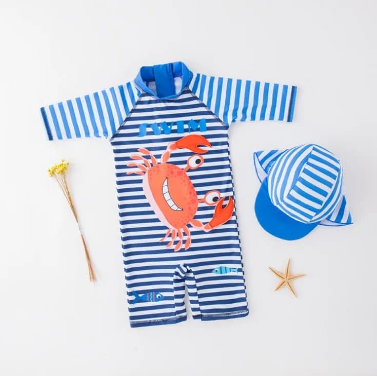 New Arrival adorable model crab strips newborn swimsuit conjoined with swimming head/solar beach swimsuit 3092