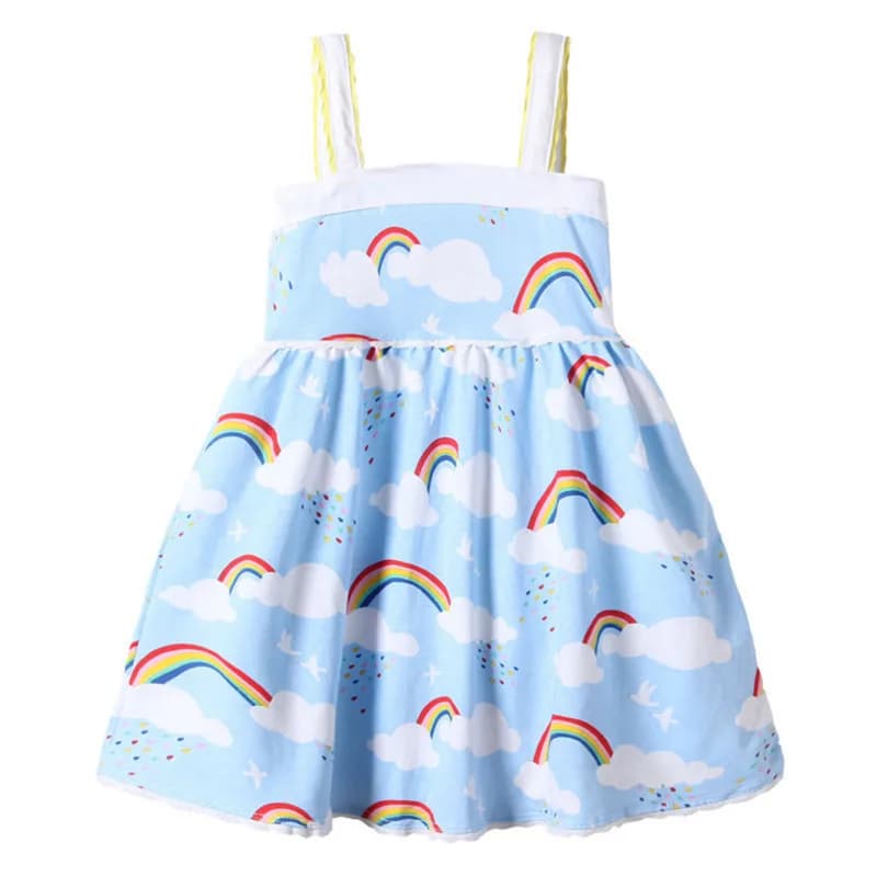 Abiti per bambine da 6-8 anni con stampa arcobaleno e nuvole, vestito estivo senza maniche in cotone per bambine, abbigliamento per bambini alla moda.