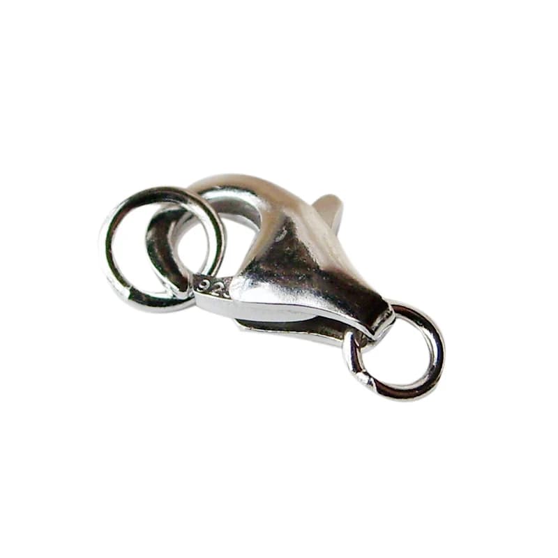 Chiusura a moschettone in argento sterling massiccio 925 con 2 anelli di salto chiusi per collana/bracciale placcato rodio, 1 pezzo