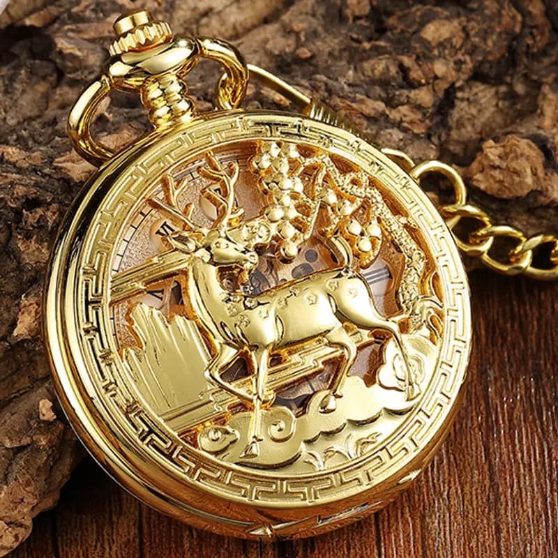Golden Hollow Deer Pattern Mechanical Pocket Watch Vintage Double Side Steampunk Fob Clock men's chain men's watch