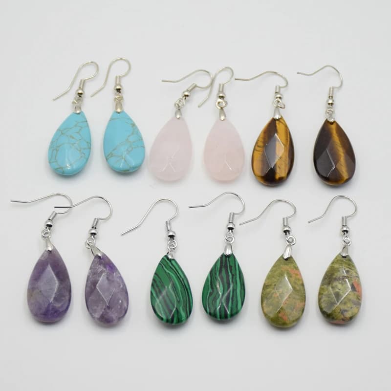 Women faceted Bead Natural Tiger Eye Stone Section Water Drop Hook Earrings Pink Crystal Amethysts Fashion Party Earring Jewelry