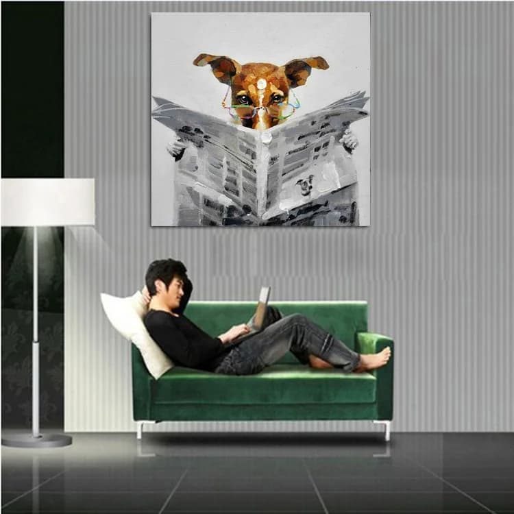 Creative Newspaper Dog Hand Painted Canvas Oil Painting, Unique Animal Portrait Wall Picture For Bedroom Decor