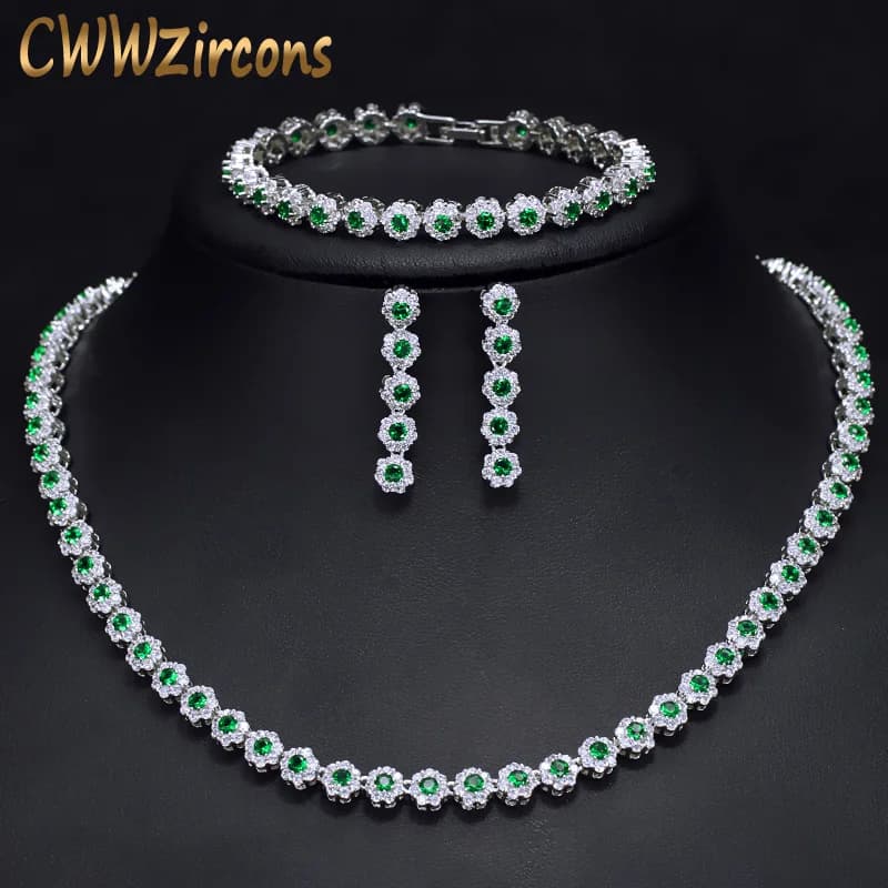 CWWZircons 3 Pcs CZ di Cristallo Verde Del Braccialetto Della Collana e Orecchini Set Donne di Lusso Accessori di Cerimonia Nuziale Della Sposa Insieme Dei Monili T030
