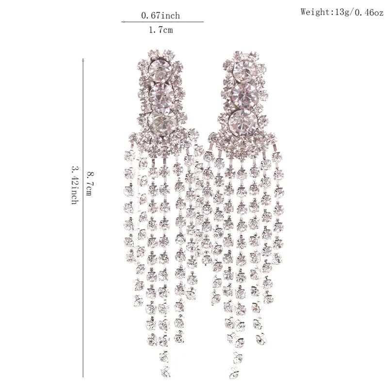 New Design Bride Silver Plated Rhinestones 3 Round Long Nappa Shape Chandelier Clips on No Piercing Earrings for Women