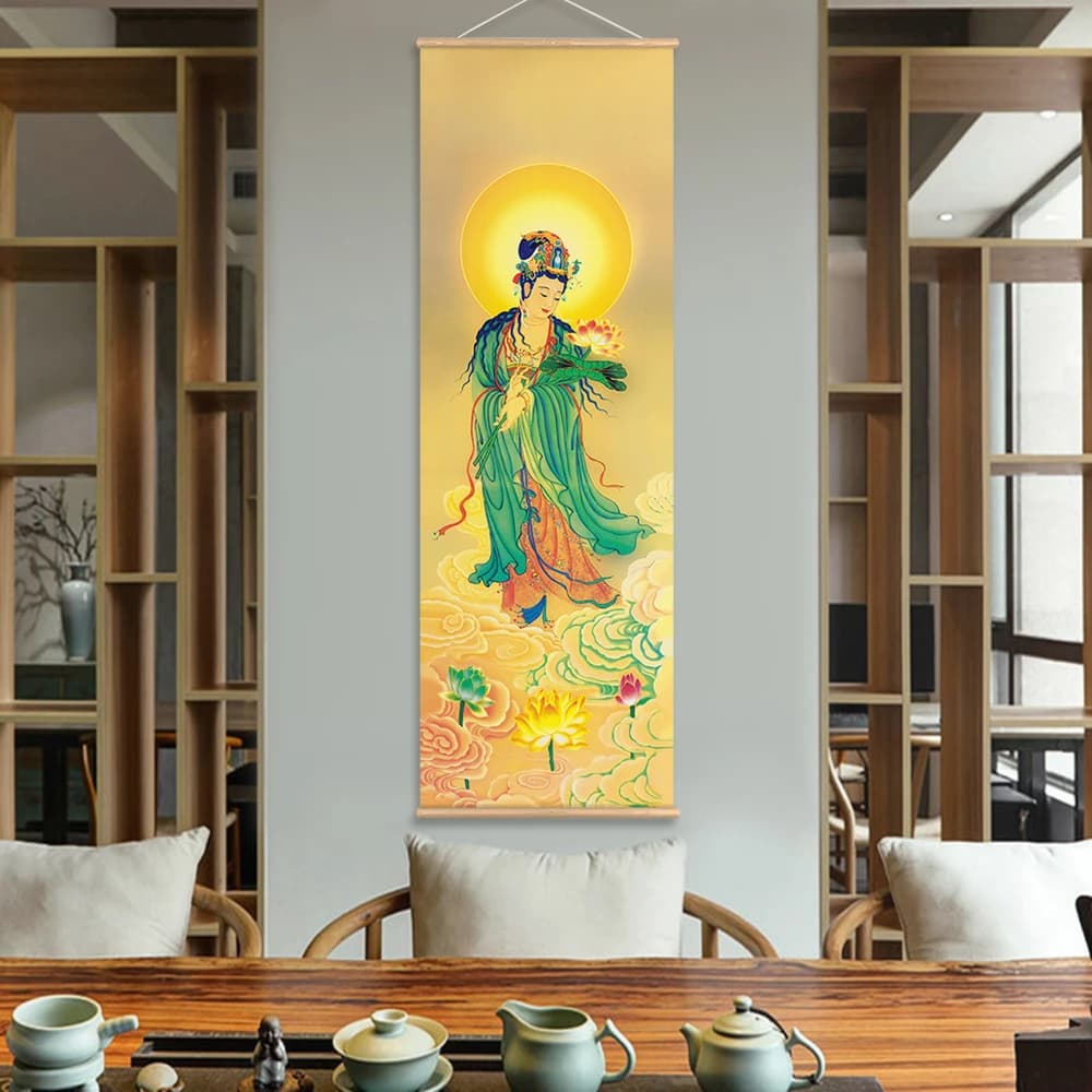 Wall Art muslimah Bodhisattva Thangka buddismo pittura a scorrimento con appendiabiti in legno pittura su tela artistica realistica