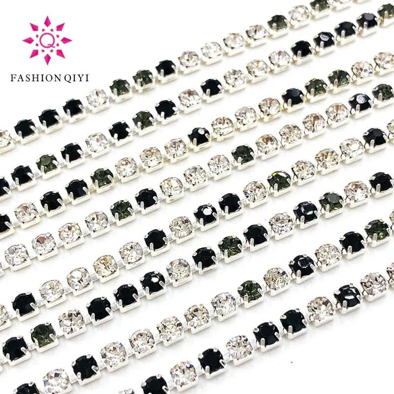 5 metri Nero/Grigio/Bianco Trasparente 2mm-3mm base argento strass di vetro catena tazza cappelli fai da te/borse/accessori di abbigliamento