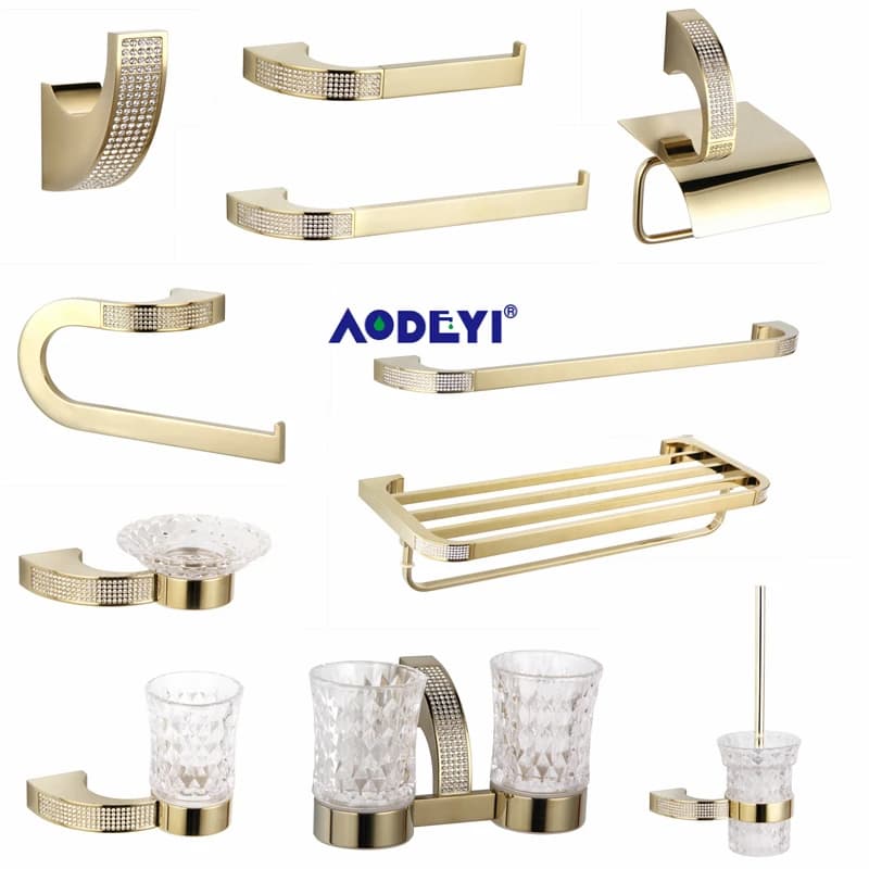 Set di accessori per il bagno in cristallo ceco, gancio per accappatoio, portasciugamani, mensola per barra, portaspazzolino, accessori per il bagno, oro/cromo