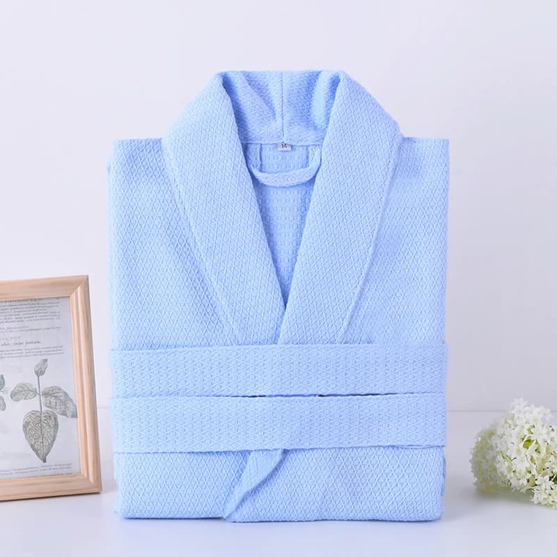 Men's white cotton bathrobe with waffles, kimono with hood, long dressing with strings, wide bathrobes for the house