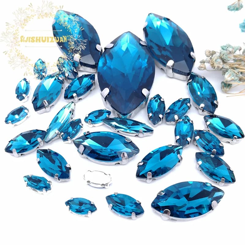 Silver Claw Setting 30 pz/borsa Peacock Blue Horse Eye Shapes Mix Clear Gass Crystal Sew On strass abito da sposa scarpe borsa fai da te