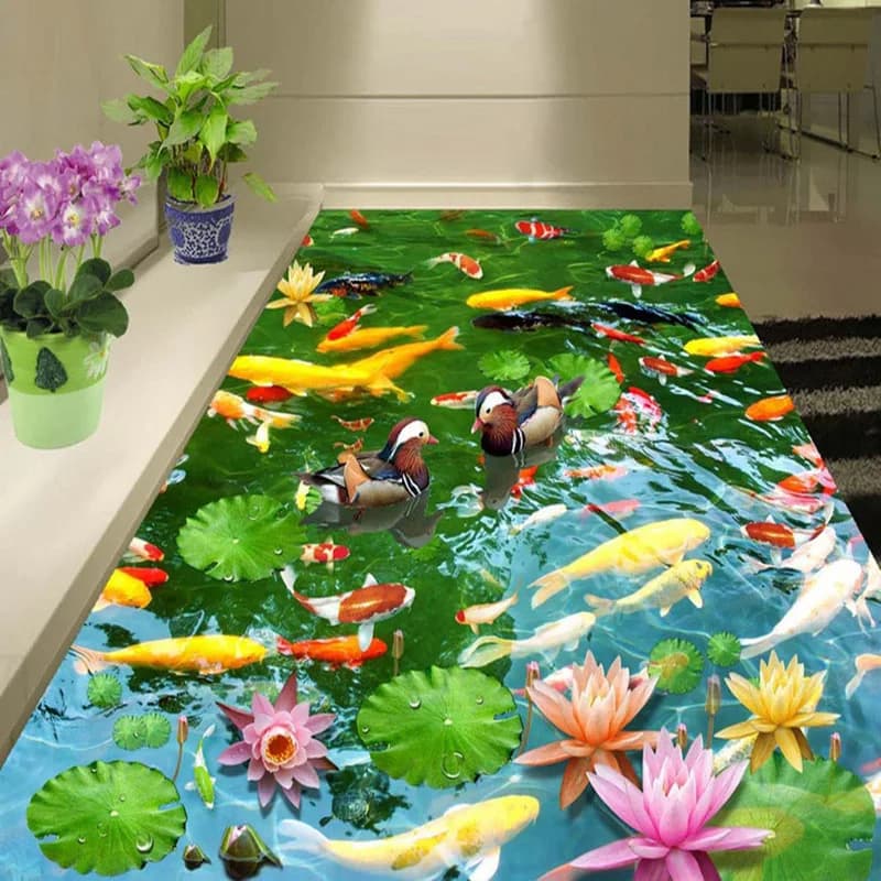 Murales per pavimenti 3D impermeabili autoadesivi in PVC Stile pastorale Stagno di loto Adesivo di carta da parati Soggiorno Decorazioni per la casa Piastrelle per pavimenti 3D