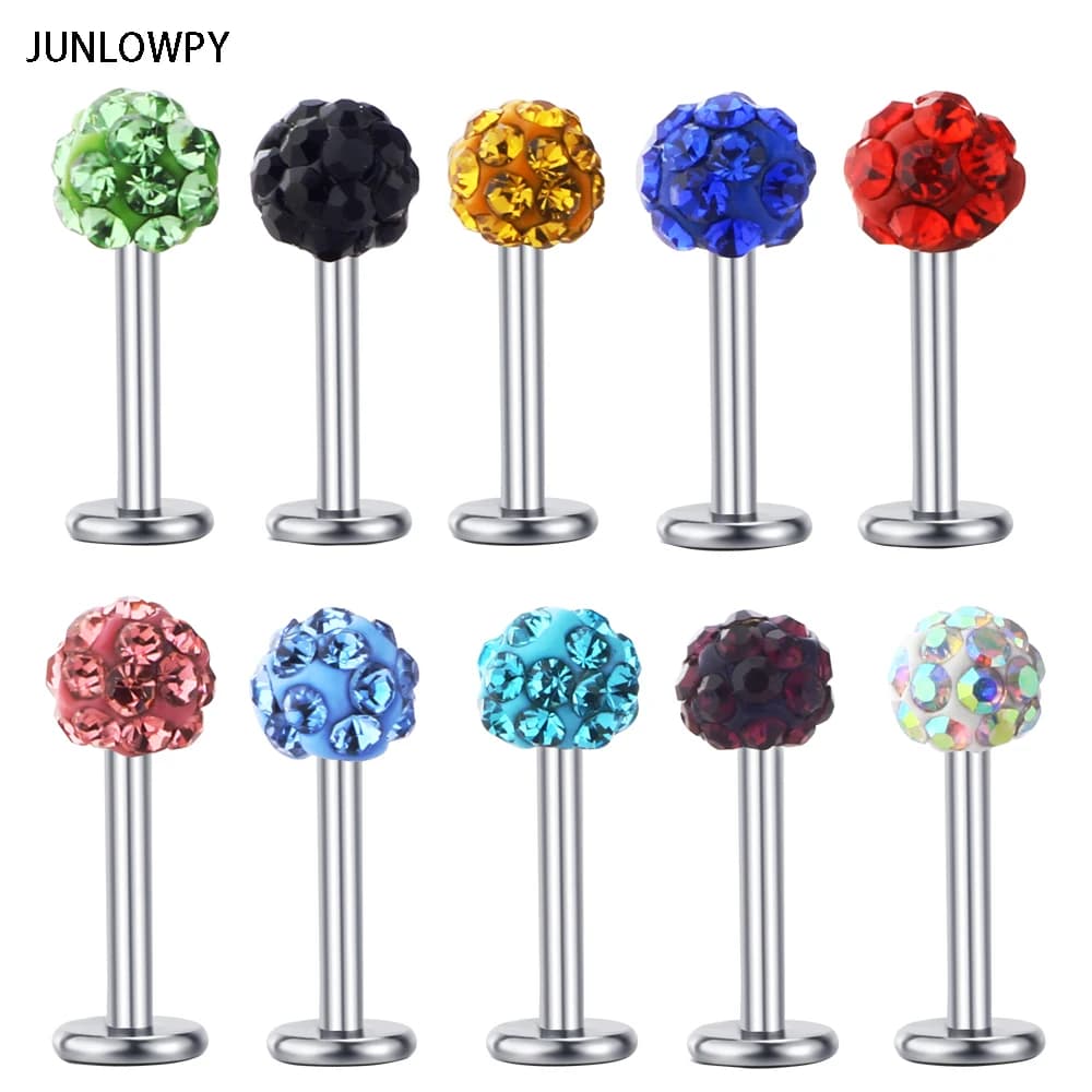 JUNLOWPY Labret Anello 16G 6/8/10mm Sfera di cristallo Sfera chirurgica in acciaio inossidabile Trago Bar Orecchio Body Piercing Gioielli Anello per labbro 30 PZ