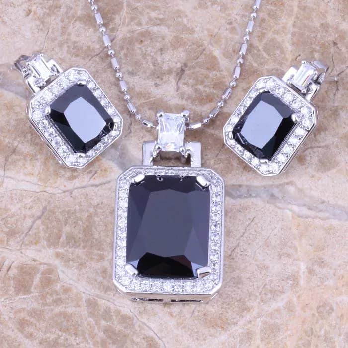 Jolly Nero Cubic Zirconia CZ Bianco Argento Placcato Orecchini di Pendente Della Collana Set di Gioielli S0759