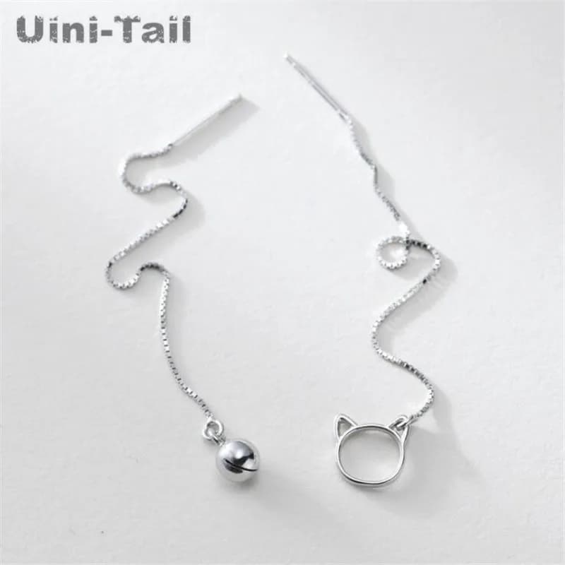 Uini-Tail hot new 925 Tibetan silver cat bell long ear wire female Korean personality fashion temperament simple earrings GN925