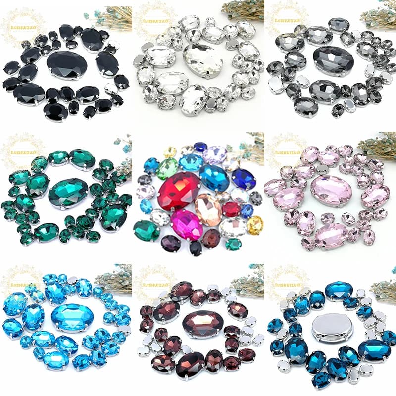 30PCS 20 Colors Mix Oval Shape Size Glass Crystal Sew on Rhinestones with Silvery Claw Diy Wedding Dress /Clothing Accessories