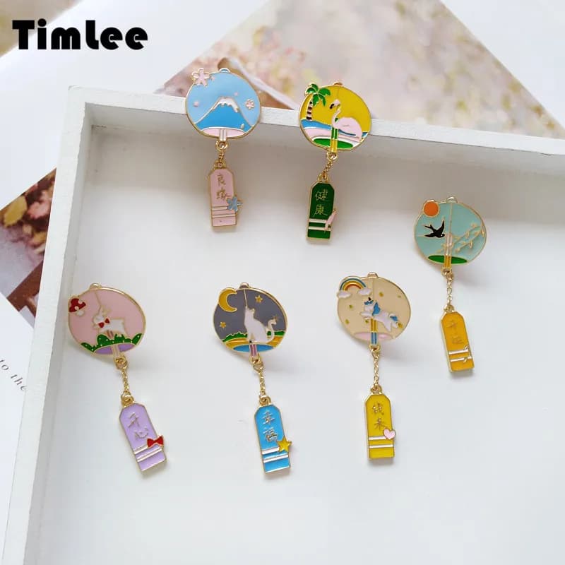 X008 Rabbit Enamel Pins, Cute Swallow Flamingo Snow Mountain Wind Chime Illustrations Alloy Brooch Fashion Jewelry Wholesale