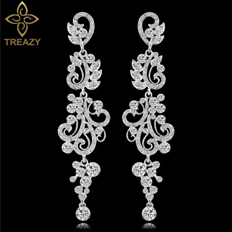 TREAZY New Silver Color Crystal Long Dangle Earrings for Women Floral Wedding Drop Earings Bridal Brincos Fashion Jewelry Gifts