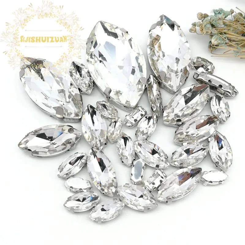 30 pieces wholesale hot mix horsetail shape silver claw sewing on crystal glass transparent white rhinestones for wedding dress decoration