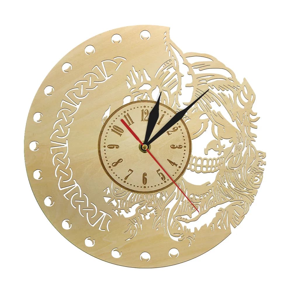 Skull Helmet Horns Viking Warrior Wooden Wall Clock Watch Scandinavian Viking Silent Non-ticking Halloween Wall Art Decorative