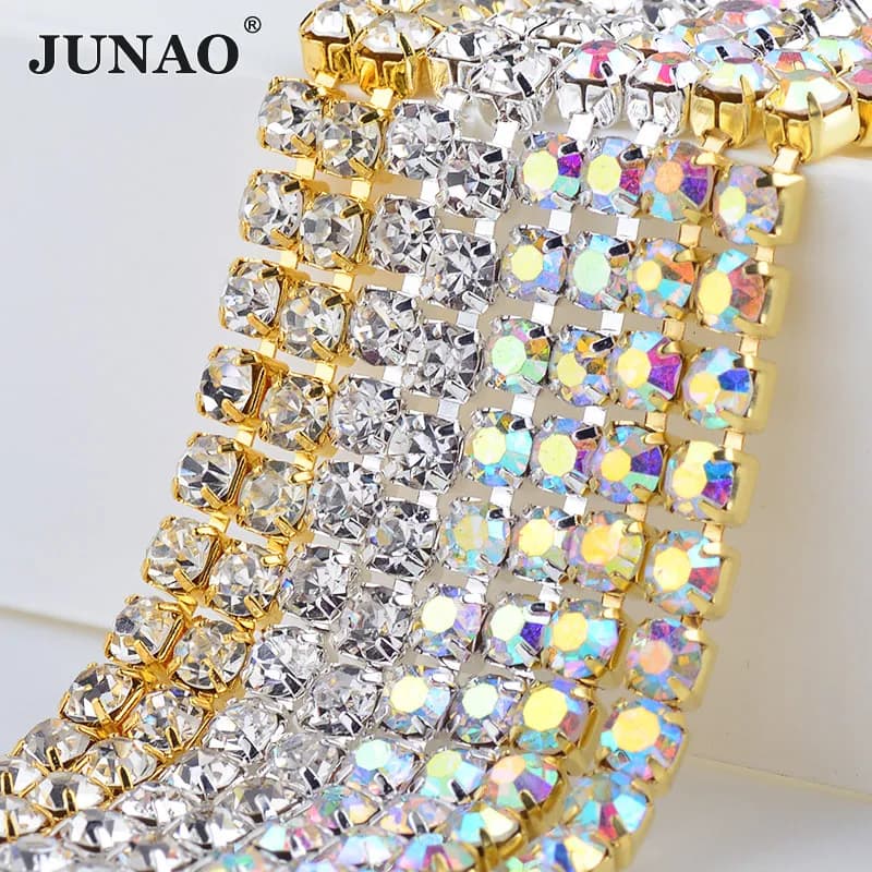 JUNAO SS 6 8 10 12 16 18 Vetro AB Strass Catena Trim Cucito Frangia di metallo Strass Nastro Fasciatura Applique di cristallo per l'artigianato