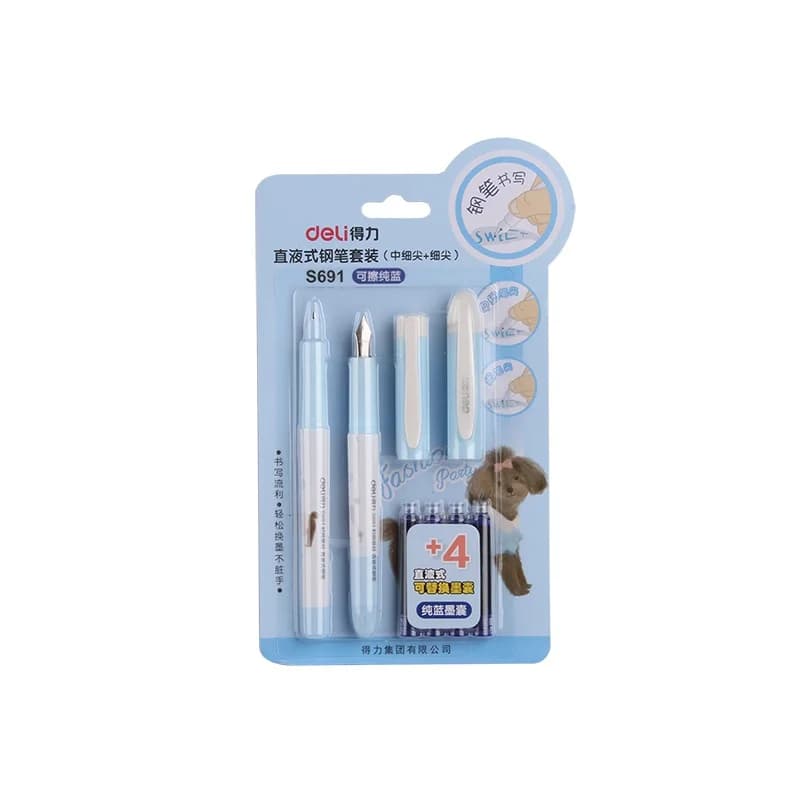 Deli Two Size Calligraphy Fountain Pen 4pcs Erasable Blue Ink Sacs Set School Office Supply Writing Stationery Student Gift