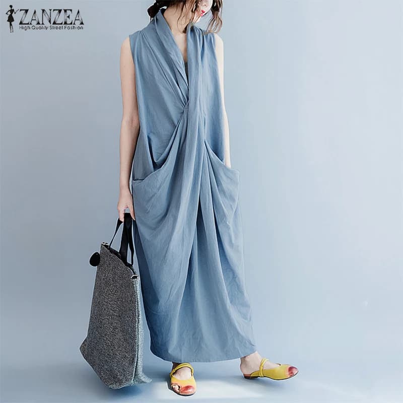 ZANZEA Abito lungo asimmetrico oversize da donna Estate 2025 Vacanza Vestito estivo femminile Scollo a V Abiti drappeggiati Rayon Robes Femme