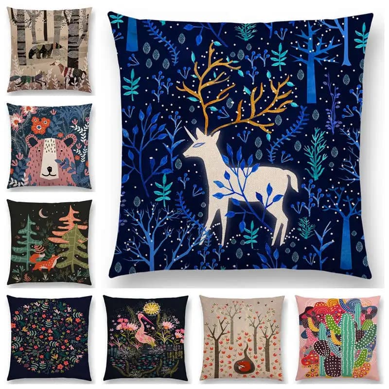 Animale Racconto Spring Floral Garden Modello Divano Throw Pillow Caso Orso Volpe Unicorno Orso Uccelli Fiore Foglia Fantasy Cuscino
