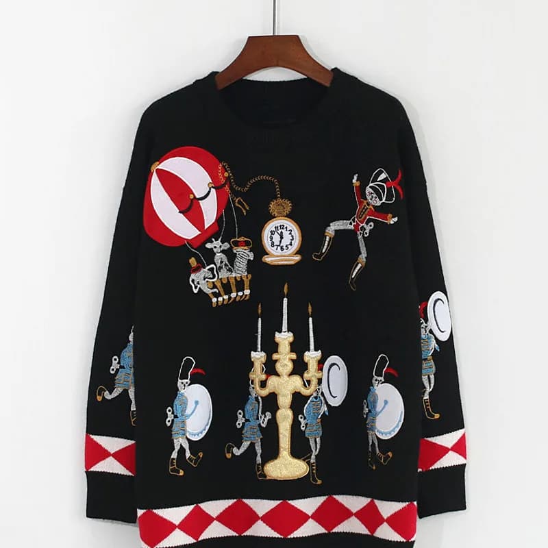 Maglione da passerella invernale da donna Design di marca di lusso Elegante soldati da circo Palloncini Candele ricamate Top larghi e caldi lavorati a maglia Nuovo