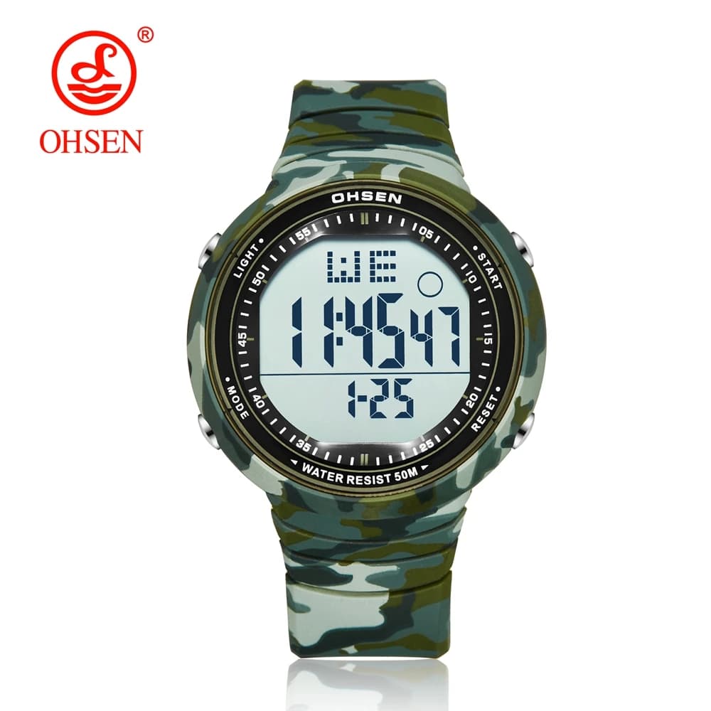 Ohsen Digitale a Cristalli Liquidi di Trasporto Degli Uomini di Sport Orologio da Polso Relogio Masculino 50M Diving Banda di Silicone di Modo Camouflage Verde Esercito Orologio Maschile di Sport